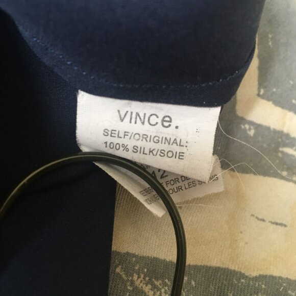 Elegant, deep blue Vince silk blouse, size 12. Generous front drape w/ button. - Picture 6 of 7